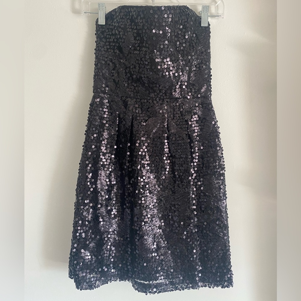 BCBG Maxazria black strapless mini sequin dress with corset & side zipper